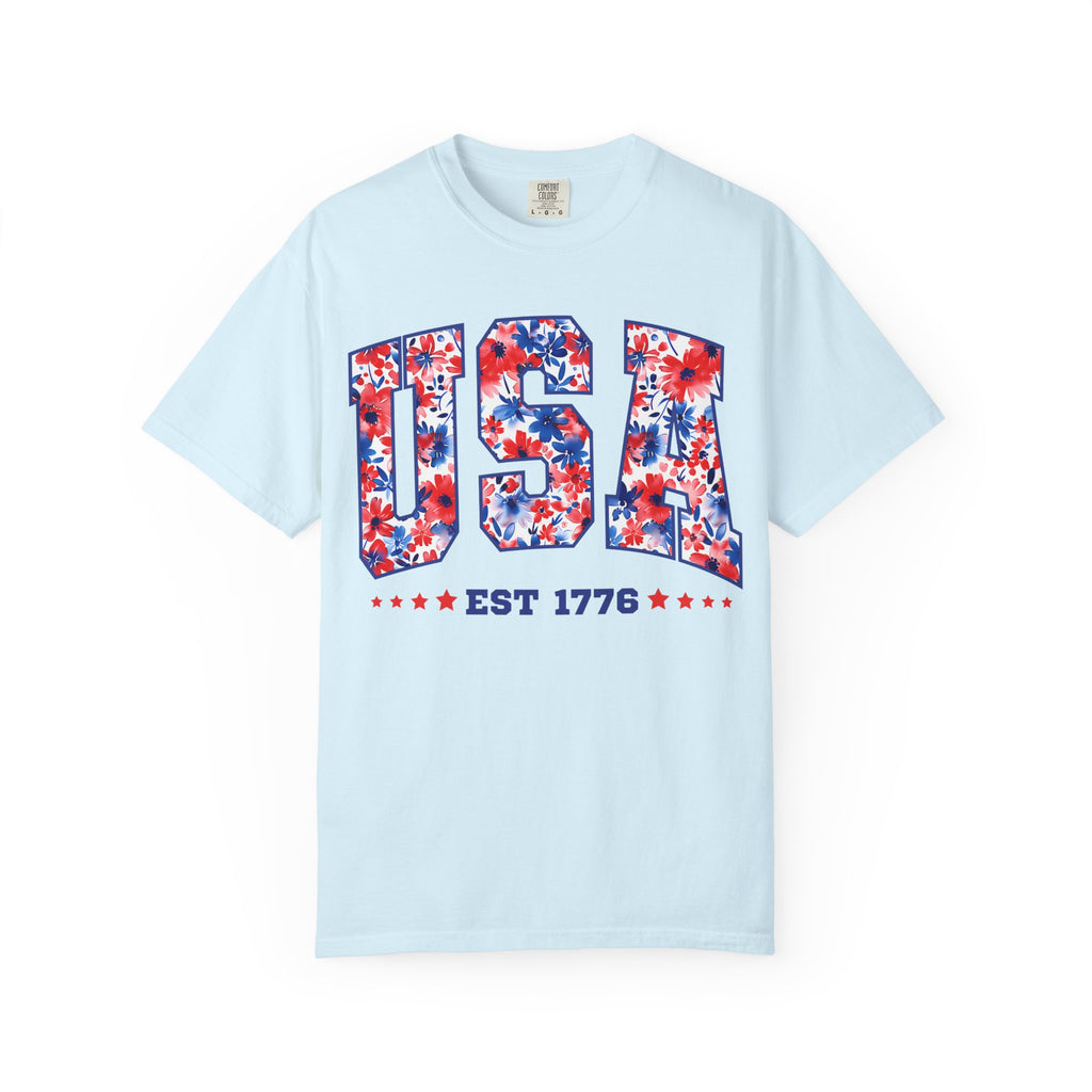 USA Floral Flag T-Shirt — "EST 1776" Patriotic Fourth of July Tee
