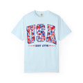USA Floral Flag T-Shirt — "EST 1776" Patriotic Fourth of July Tee