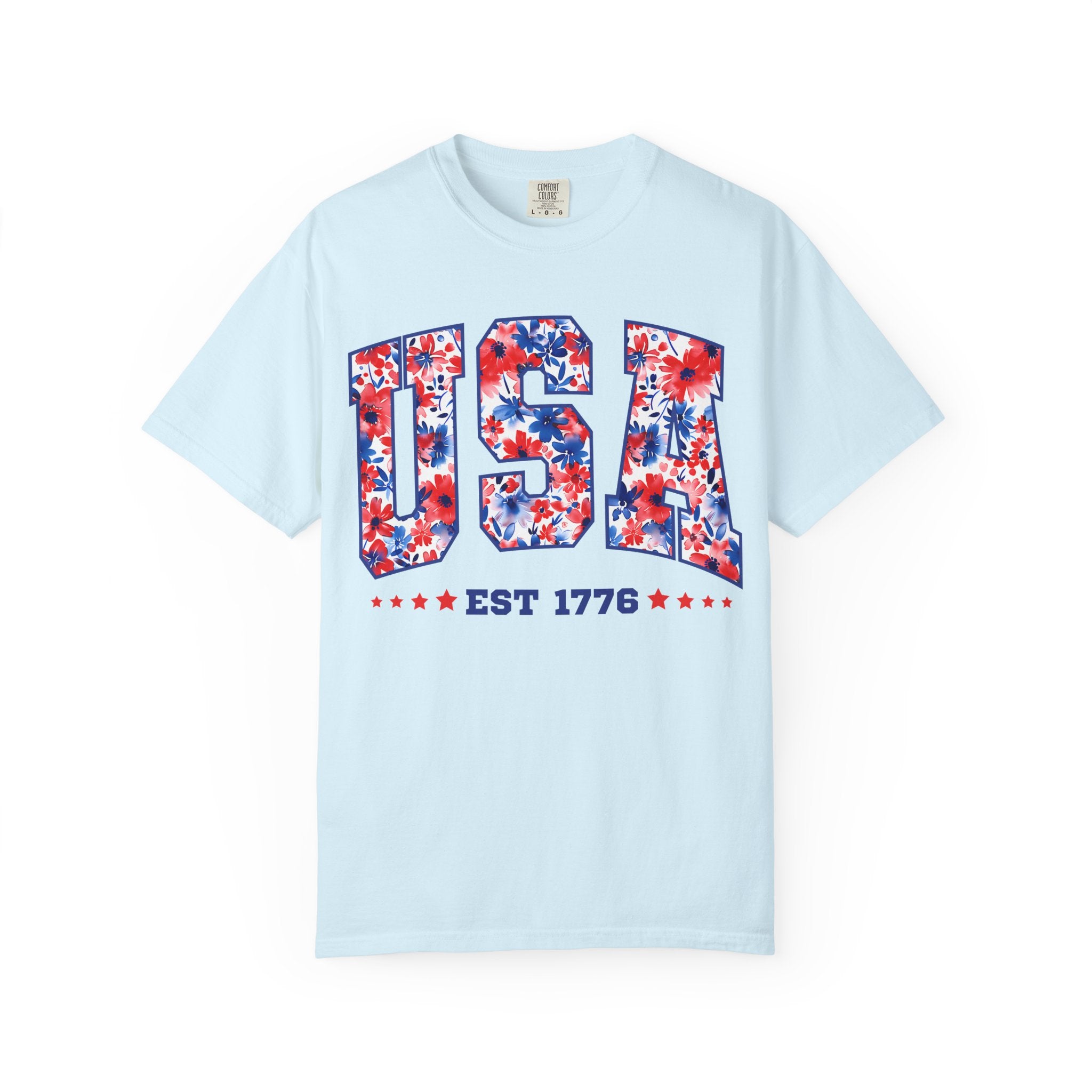 USA Floral Flag T-Shirt — "EST 1776" Patriotic Fourth of July Tee